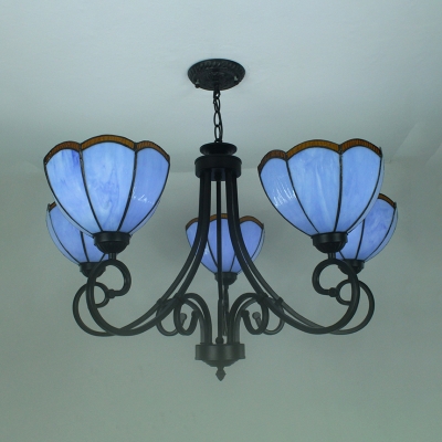 Glass Petal Hanging Lamp Dining Room Restaurant 5 Lights Tiffany Style Chandelier in Blue/Yellow