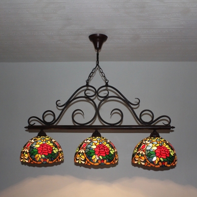 Hotel Villa Blossom Island Lamp Stained Glass 3 Heads Elegant Style Bronze Island Pendant