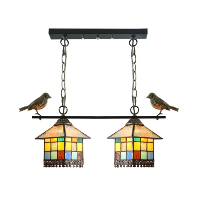 House Bedroom Shop Pendant Lamp Stained Glass 2 Lights Tiffany Style Chandelier with Bird