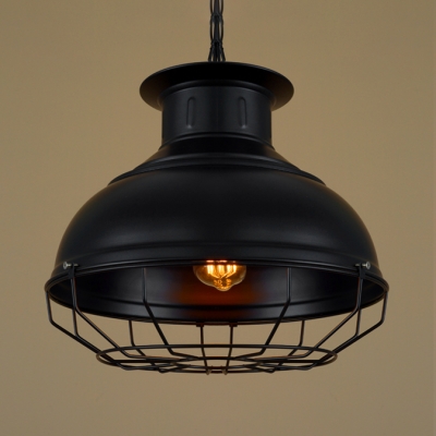 Industrial Barn Pendant Light with Cage One Light Metal Suspension Light in Black/Rust for Bar