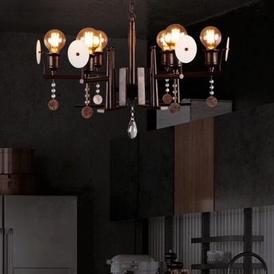 Industrial Open Bulb Chandelier Metal 6 Lights Rust Pendant Lamp with Crystal for Dining Room
