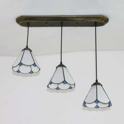 Living Room Conical Shade Pendant Light Glass 3 Heads Tiffany Style Age Brass Hanging Light