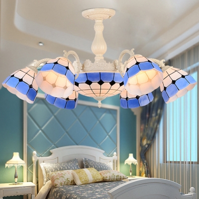 Mediterranean Style Blue Pendant Lamp Dome Shade 7 Lights Stained Glass Chandelier for Living Room