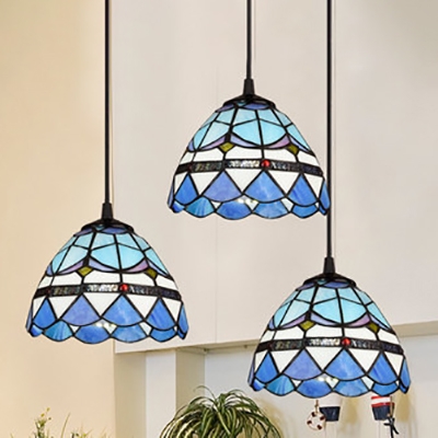 Mediterranean Style Blue Pendant Light Grid Bowl Shade 3 Lights Stained Glass Pendant Lamp for Hallway
