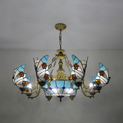 Mediterranean Style Dome Chandelier with Butterfly Glass 7/9 Lights Blue Pendant Lamp for Restaurant