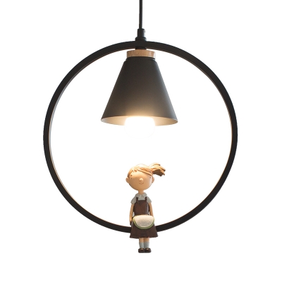 Metal Cone Shade Hanging Light 1 Light Modern Pendant Lamp with Little Boy/Girl in Black for Bedroom