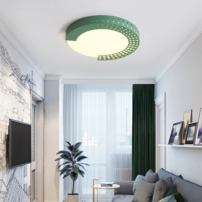 Metal Etched Ring Flush Light Living Room Contemporary Macaron Colored LED Ceiling Light in Warm/White