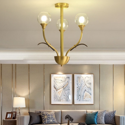 Metal Floral Theme Ceiling Light Bedroom 3/6 Lights Traditional Semi Flush Mount Light in Brass