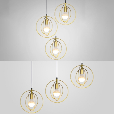 Metal Ring Pendant Light 3 Lights Antique Linear/Round Canopy Suspension Light in Gold for Cafe