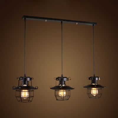 Metal Wire Frame Pendant Lamp Cafe 3 Lights Vintage Linear/Round Canopy Ceiling Light in Black