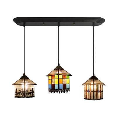 Multi-Color House/Mix Island Light 3 Lights Tiffany Antique Stained Glass Island Pendant for Study Room