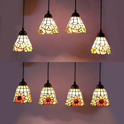 Orange Sunflower/Pink Rose Pendant Light 4 Lights Rustic Style Stained Glass Island Lamp for Hotel