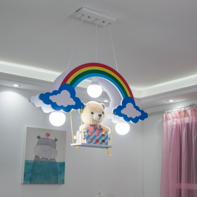 Rainbow Kid Bedroom Ceiling Light with Toy Bear Wood 3 Lights Lovely Hanging Lamp in Multi Color