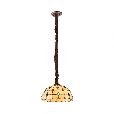 Scalloped Bedroom Hanging Light with Colorful Jewelry 1 Light Tiffany Ceiling Lamp in Beige