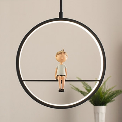 Simple Style Ring Pendant Lamp with Cartoon Pattern Metal Hanging Light in Black for Study Room