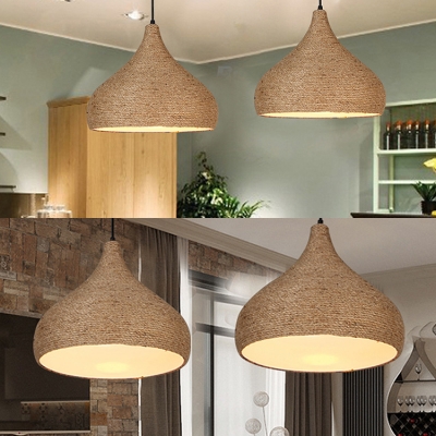 Single Head Onion Hanging Light Height Adjustable Rustic Style Rope Ceiling Pendant in Beige for Restaurant