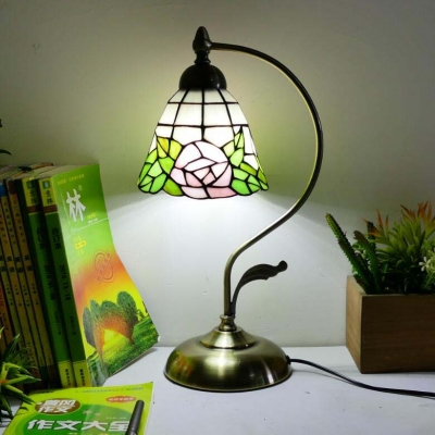 Single Light Bell Desk Light with Blossom Rustic Tiffany Stained Glass Table Light for Study Room