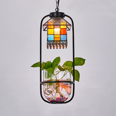 Stained Glass House Suspension Light Restaurant Single Light Tiffany Style Rustic Ceiling Pendant