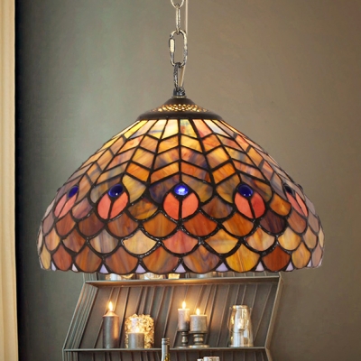 Stained Glass Peacock Tail Pendant Light 12 Inch Tiffany Antique Ceiling Light for Study Room