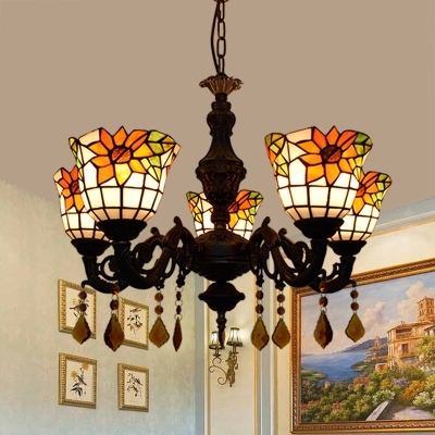 Sunflower Suspension Light 5 Lights Rustic Style Stained Glass Chandelier with Crystal for Living Room