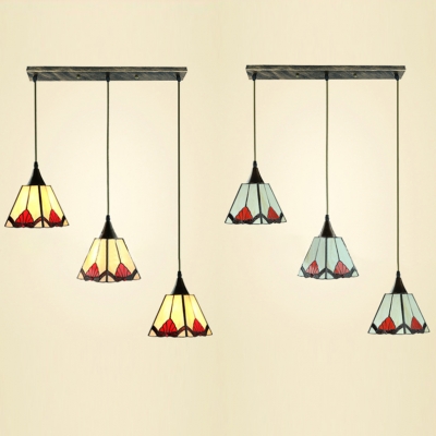 Tiffany Beige/Blue/Multi-Color Ceiling Pendant 3 Lights Glass Hanging Light for Dining Table