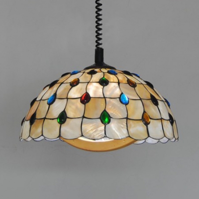 Tiffany Peacock Hanging Light with Colorful Beads 1 Light Shell Pendant Light in Beige for Study Room