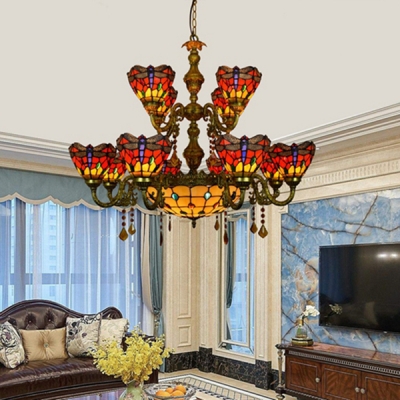 Tiffany Style Antique Dragonfly Chandelier Stained Glass 13 Lights Pendant Lamp for Living Room