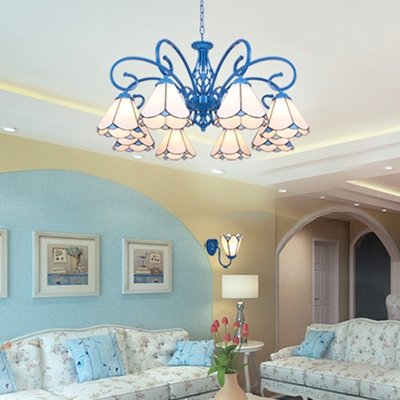 Tiffany Style Cone Ceiling Light Glass 8 Lights Blue/White Chandelier for Living Room Hotel
