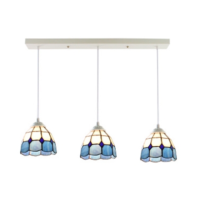Tiffany Style Grid Bowl Island Light Handmade Glass 3 Light Island Pendant for Study Room