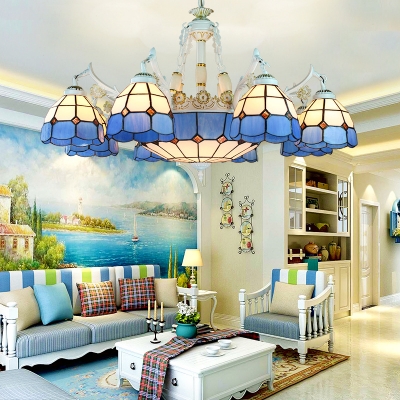 Tiffany Style Nautical Chandelier 11 Lights Glass Hanging Light in Blue/White for Living Room