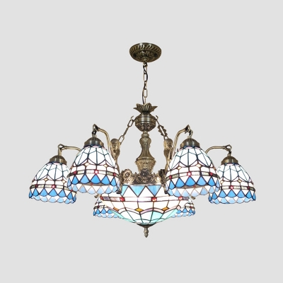 Tiffany Style Nautical Chandelier Dome 7/9 Lights Stained Glass Ceiling Pendant with Mermaid for Hotel