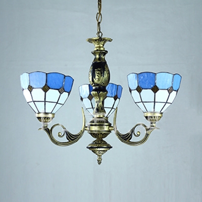 Tiffany Style Nautical Dome Chandelier Glass 3 Lights Blue Pendant Light for Hallway Foyer