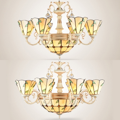 Tiffany Style Rustic Pendant Light Dome & Cone 9/11 Heads Glass Engraved Chandelier with Leaf for Villa