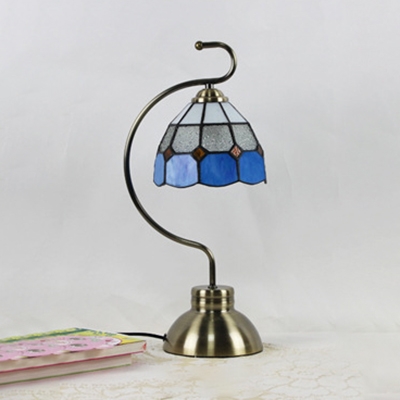 Tiffany Traditional Bowl Desk Light Stained Glass Single Light Blue Desk Lamp for Cafe Bedroom