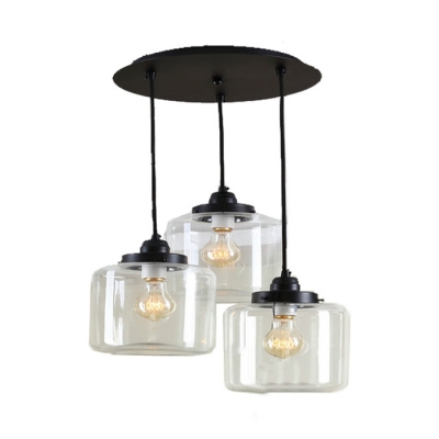 Vintage Style Drum Pendant Light 3 Lights Clear Glass Hanging Light in Black for Dining Room