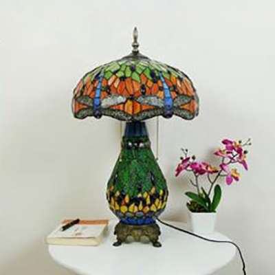 Vintage Tiffany Blue/Green Desk Lamp Dragonfly 3 Lights Stained Glass Table Light with Vase Body for Hotel
