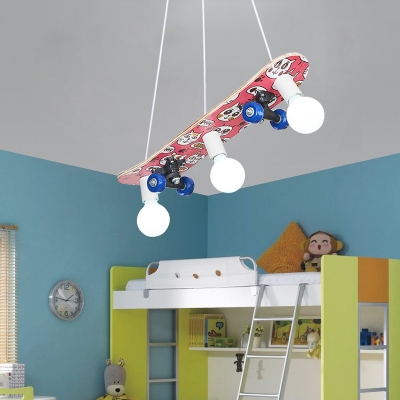 Wood Skateboard LED Hanging Light 3 Heads Creative Suspension Light in Red/White for Child Bedroom