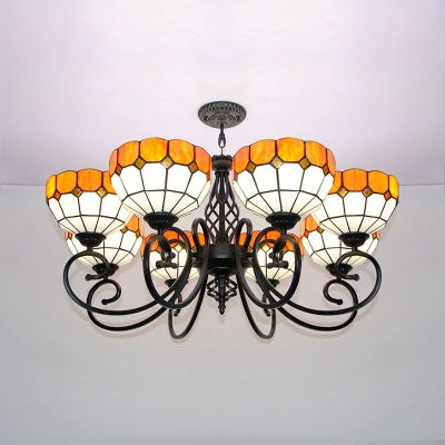 Yellow Dome Shade Chandelier 8 Lights Tiffany Style Rustic Glass Pendant Light for Living Room