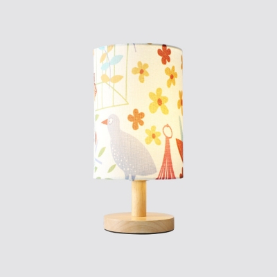 1 Light Cylinder Table Lamp with Bird Lovely Fabric Colorful Study Light for Boy Girl Bedroom