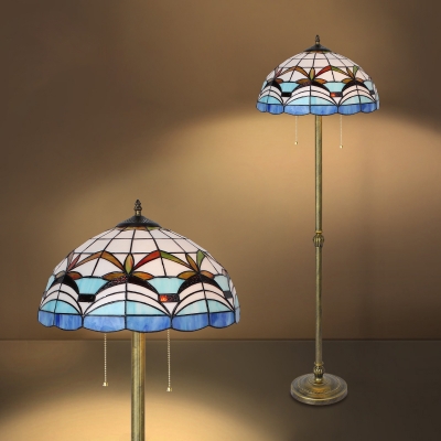 2 Lights Umbrella Floor Light Mediterranean Style Stained Glass Standing Light for Restaurant