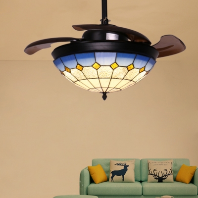 3 Blade Grid Dome Semi Flushmount Light Mediterranean Style Art Glass LED Ceiling Fan for Bedroom