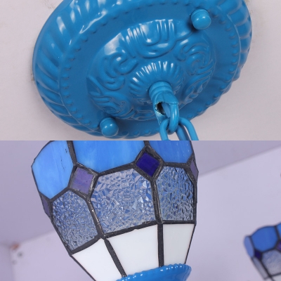 3 Lights Dome Pendant Light Mediterranean Style Metal Chandelier with Crystal in Blue for Bedroom