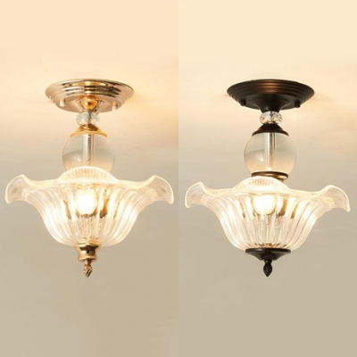 3 Lights Flower Semi Flush Light Traditional Clear Glass Ceiling Lamp in Black/Gold for Hotel