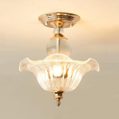 3 Lights Flower Semi Flush Light Traditional Clear Glass Ceiling Lamp in Black/Gold for Hotel