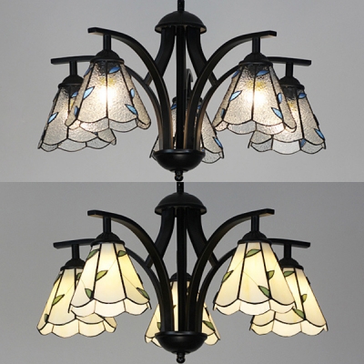 5 Light Conical Pendant Light Rustic Style Beige/Clear Glass Chandelier with Leaf for Bedroom