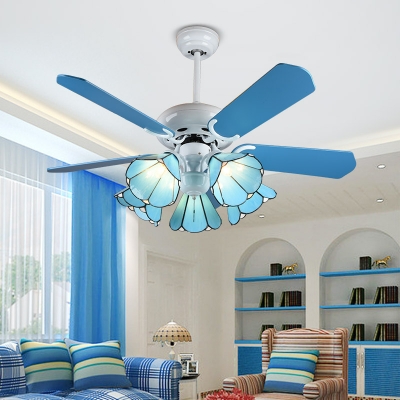 5 Lights Cone Ceiling Fan with 5 Blade Mediterranean Glass LED Semi Flushmount Light in Blue for Bedroom