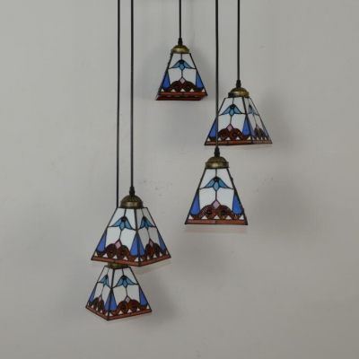 5 Lights Craftsman Hanging Light Tiffany Vintage Ceiling Pendant in Blue/Orange for Hotel