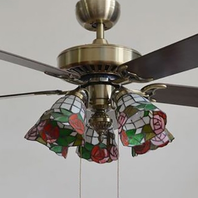 5 Lights Floral Ceiling Fan Rustic Stained Glass Semi Flush Mount Light with Blade for Restaurant