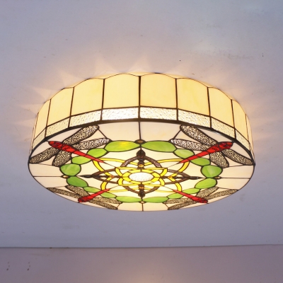 

Tiffany Rustic White Flush Mount Light Drum Stained Glass Ceiling Fixture with Dragonfly for Kid Bedroom, HL534512