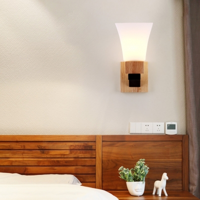 Nodice Style Led Lighting White Frosted Glass Shade Uplighting Wall Light with Wood Base